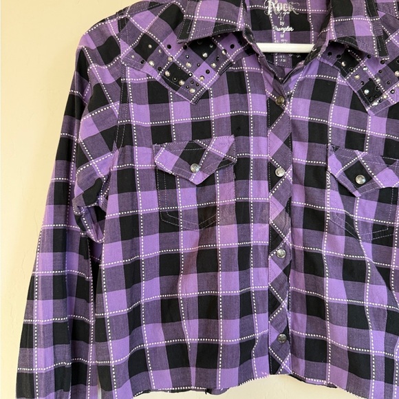 Rock 47 by Wrangler Western Plaid Snap Button Rhinestone Embroidered Wings Shirt - Picture 3 of 6
